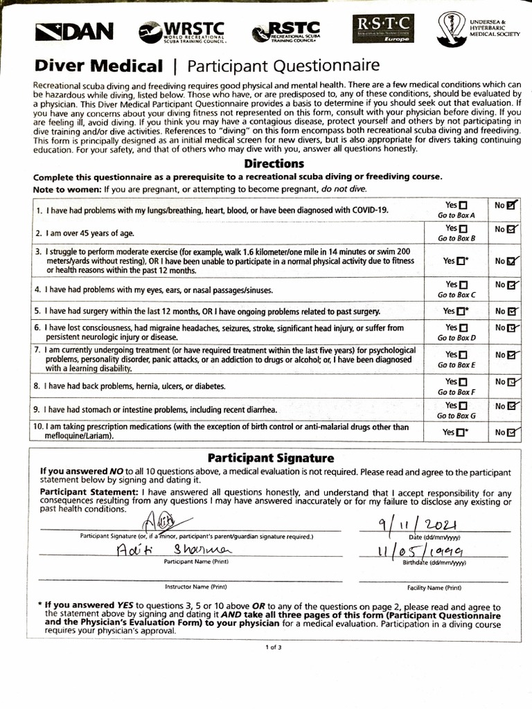 Diver Medical Participant Questionnaire | PDF | Underwater Diving ...