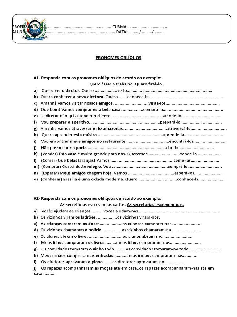 Exercícios de Pronomes Oblíquos | PDF