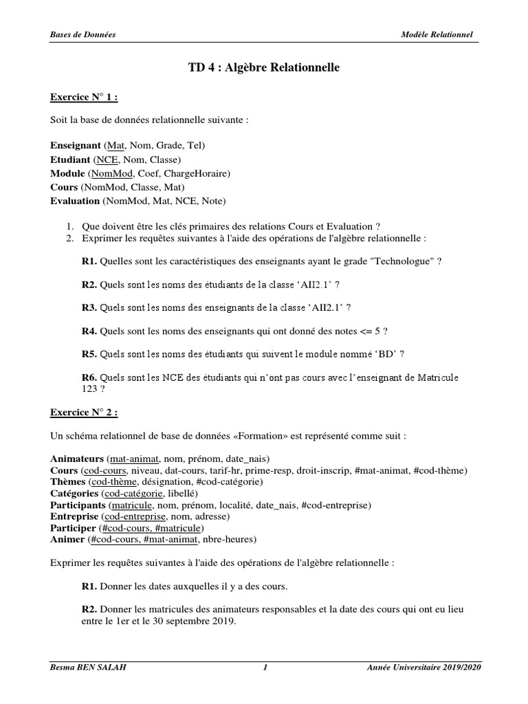 Algèbre Relationnelle en Bases de Données | PDF | Base de données ...