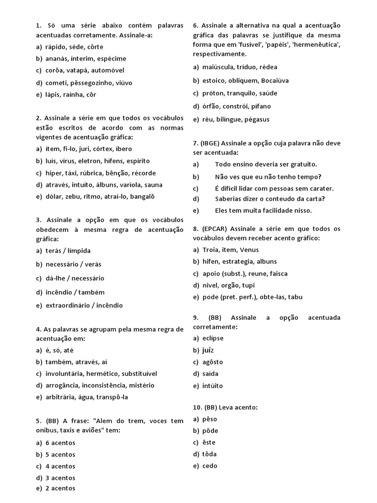 Questões sobre Acentuação Gráfica | PDF | Juvenil