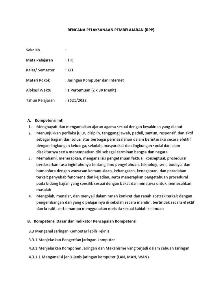 RPP TIK Kelas 10: Jaringan Komputer | PDF