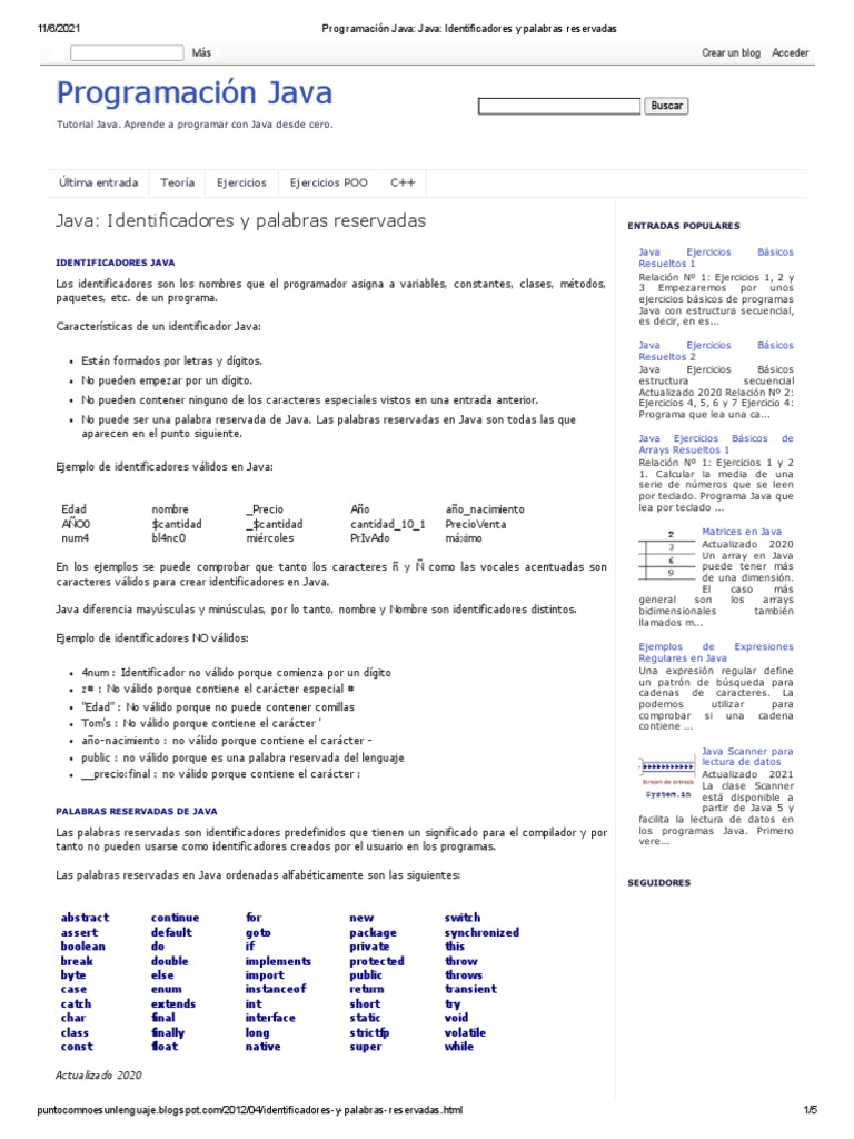 Identificadores y palabras reservadas en Java | PDF | Java (lenguaje de ...