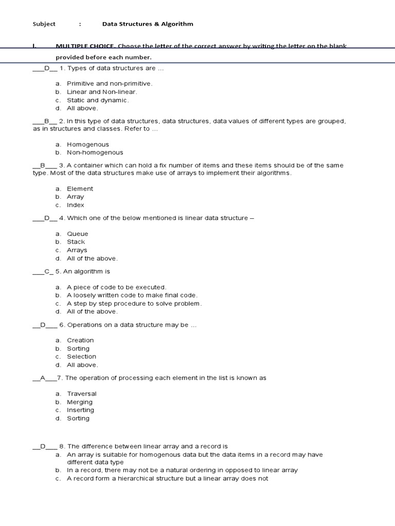 Answer Keys Exam Data Structure | PDF | Array Data Structure | Pointer ...
