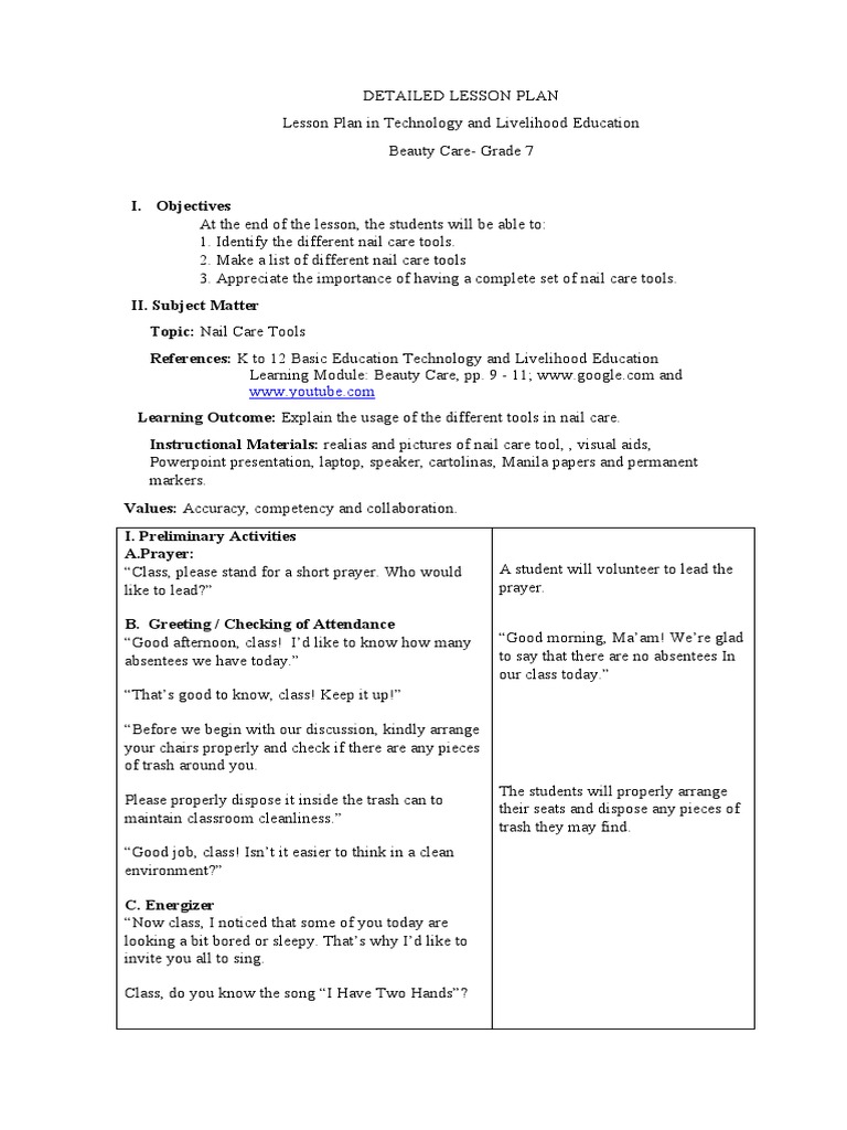 Detailed Lesson Plan Beauty Cair Nail Care Anj | PDF | Nail (Anatomy