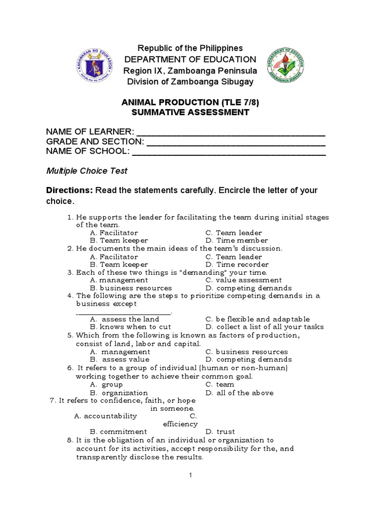 TLE 7/8 Animal Production Test | PDF