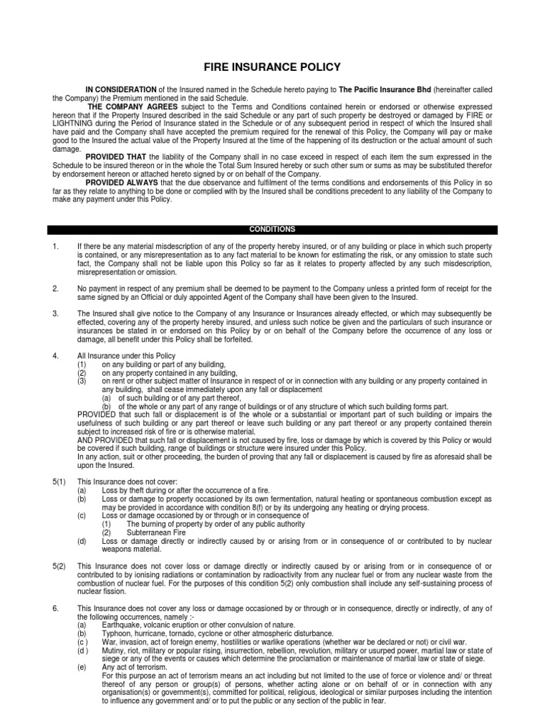 Fire Insurance Policy | PDF