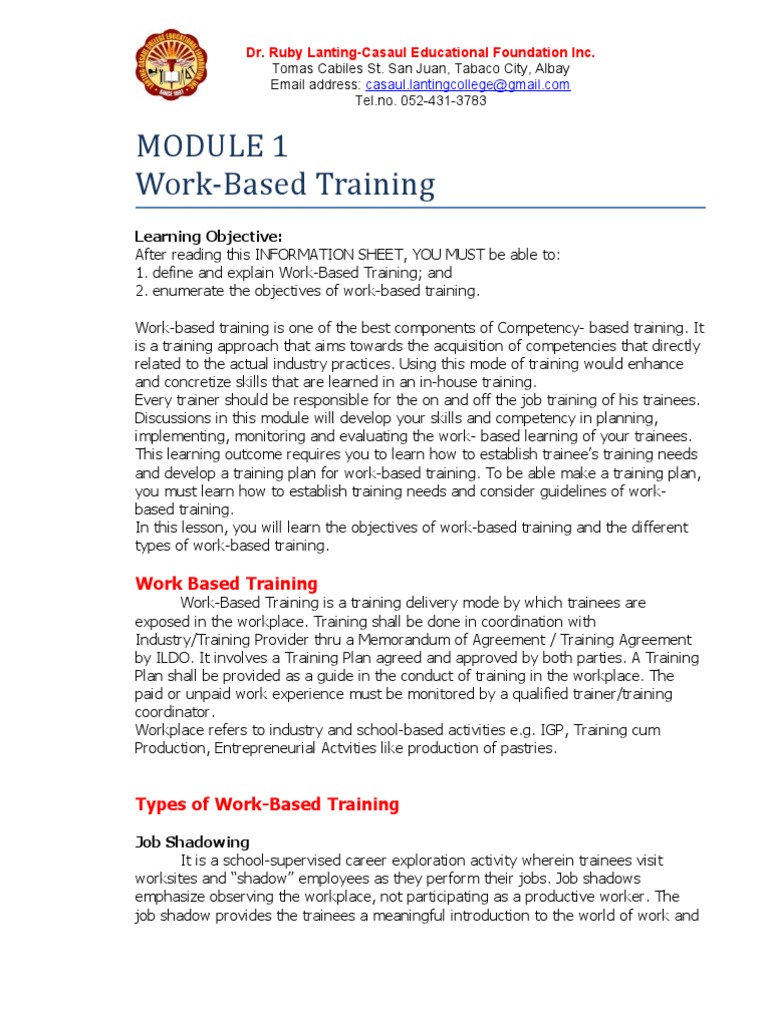 Work-Based Training Module Overview | PDF | Apprenticeship | Vocational ...