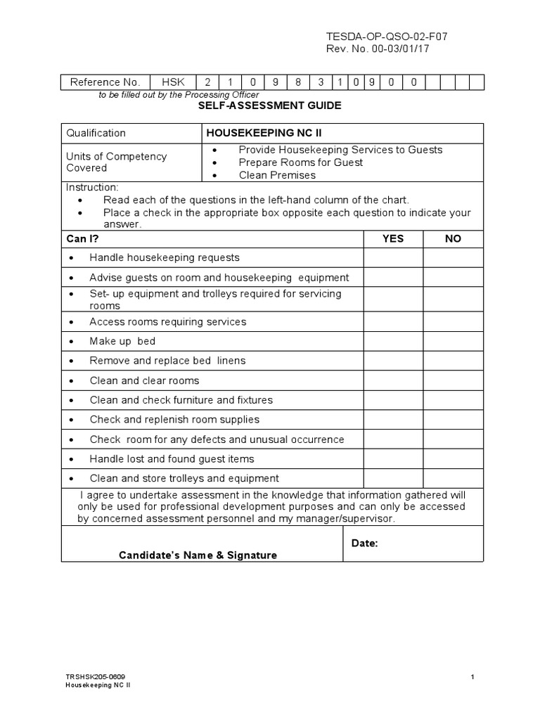 SelfAssessment Guide Housekeeping NC Ii To Be Filled Out by The