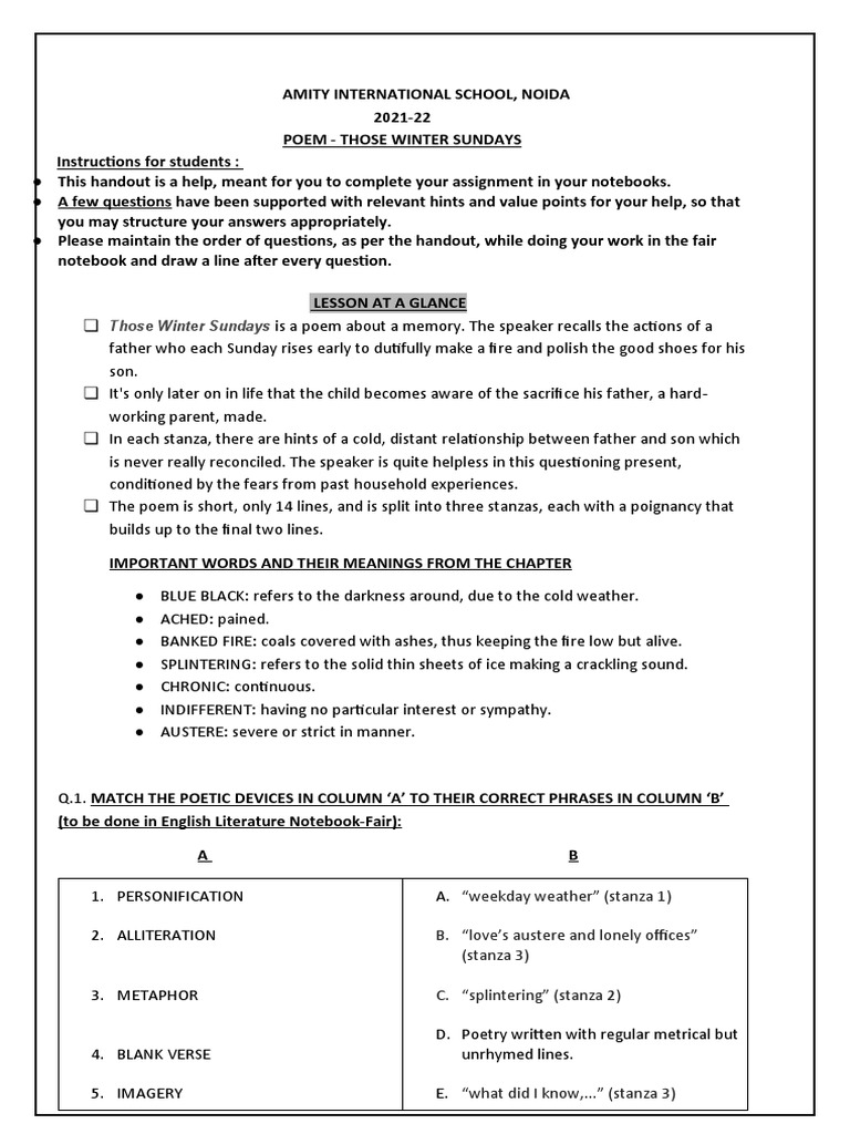 Those Winter Sundays: Study Guide & Analysis | PDF | Poetry