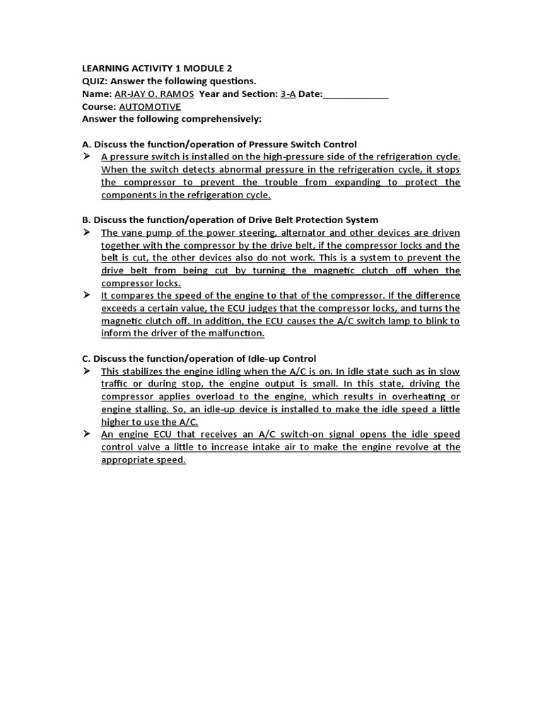 Automotive Systems Quiz and Functions | PDF | Throttle | Air Conditioning