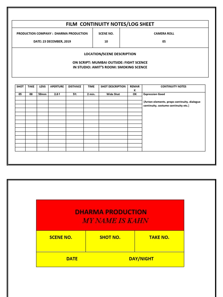 Film Continuity Log Sheet | PDF