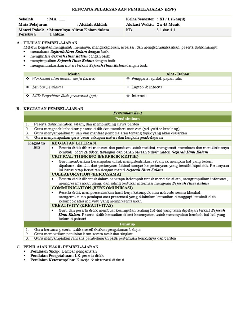 RPP I Akidah Akhlak Kelas 11 SEM 1 | PDF