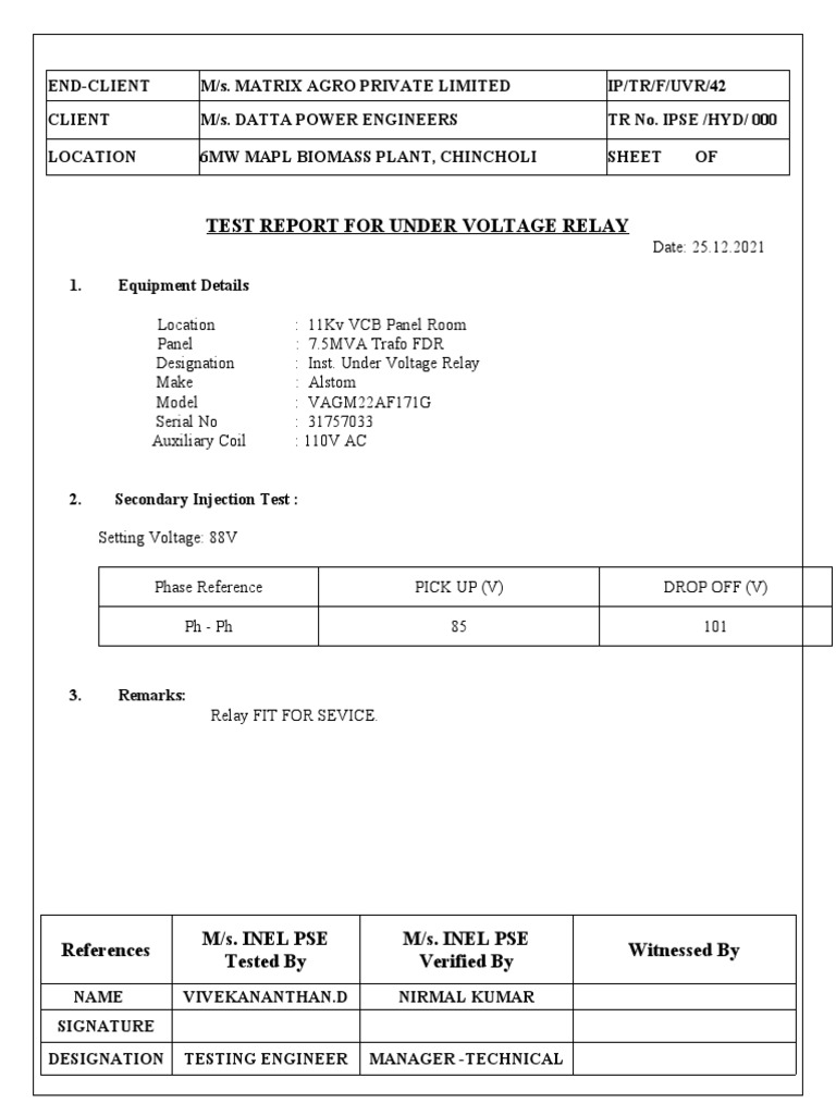 Test Report For Under Voltage Relay | PDF | Technology & Engineering