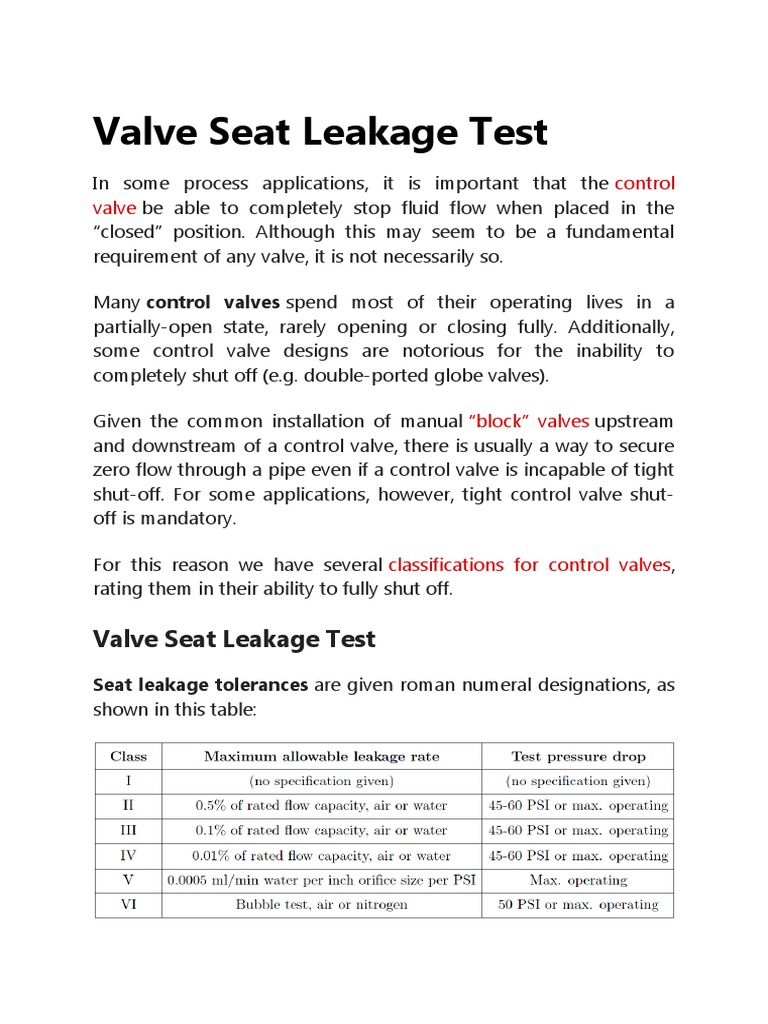 Valve Seat Leakage Test PDF Valve Pipe (Fluid Conveyance)