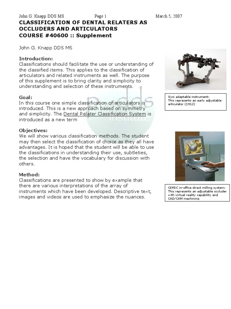 Classification of Articulator Dentistry Dentistry Branches