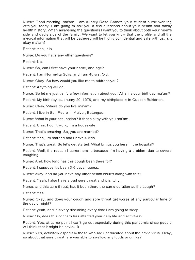 Patient Health History Interview Script | PDF | Cough | Nursing