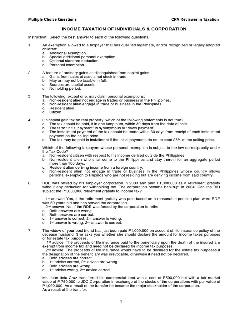 CPA Taxation MCQs for Review | PDF | Tax Deduction | Taxes