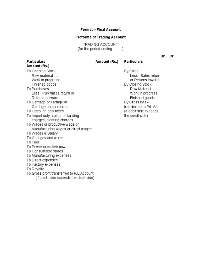 Proforma Of Trading Account