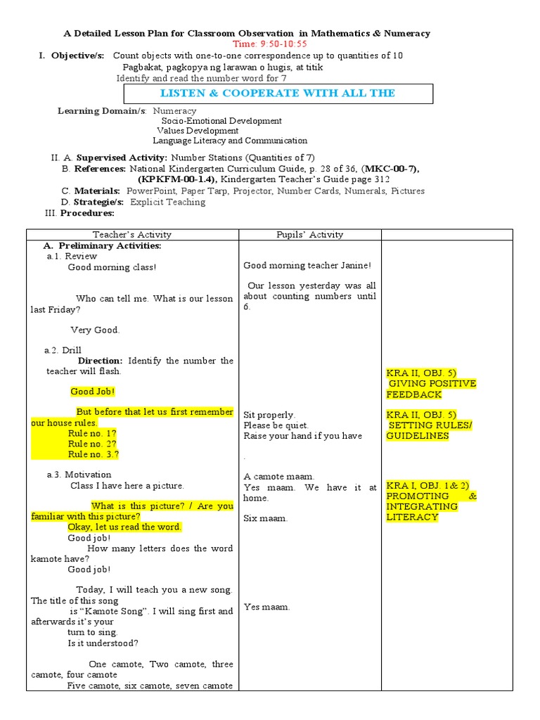 Kindergarten Math Lesson Plan: Week 7 | PDF | Lesson Plan | Teachers