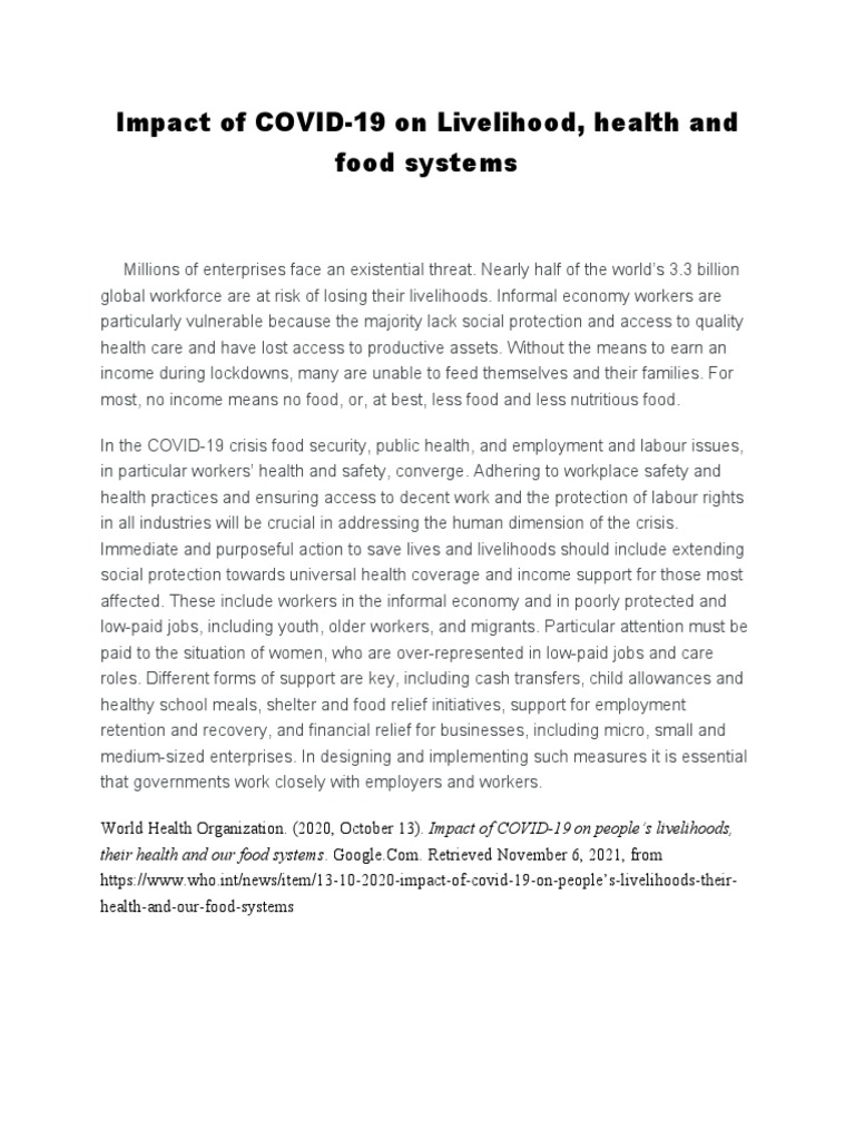 Impact of COVID-19 On Livelihood, Health and Food Systems | PDF