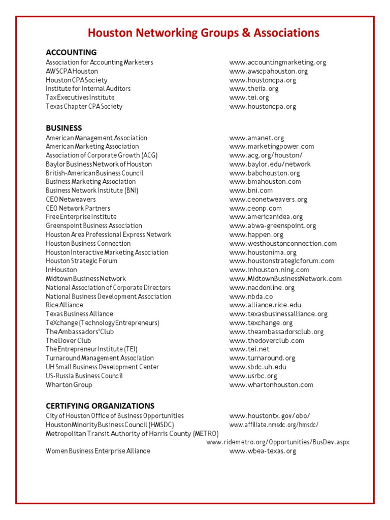 Houston Networking Groups and Associations PDF Houston Business