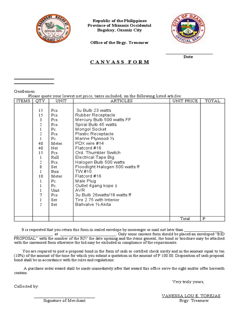 Canvass Form | PDF | Equipment | Manufactured Goods
