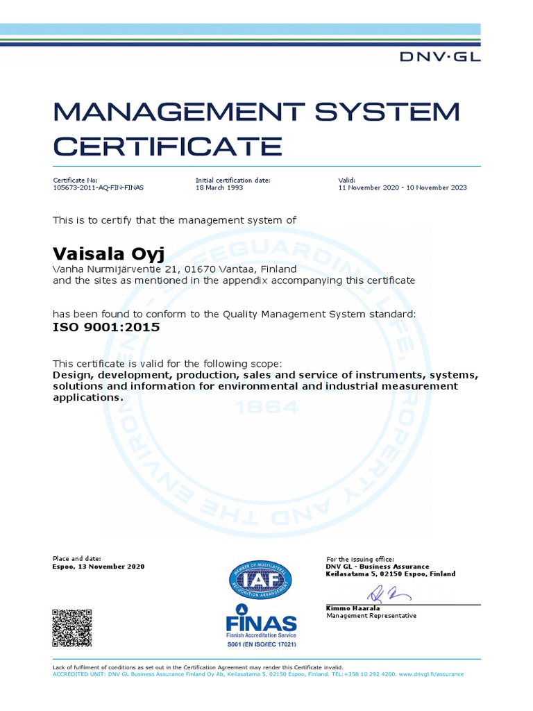 Vaisala Iso9001 Certificate Eng 2020 PDF Iso 9000 Systems Science