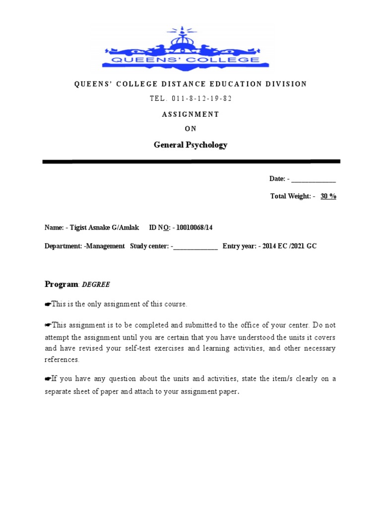 General Psychology Queens' College Distance Education Division PDF