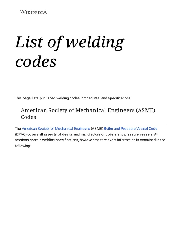 List of Welding Codes Wikipedia PDF Construction Welding