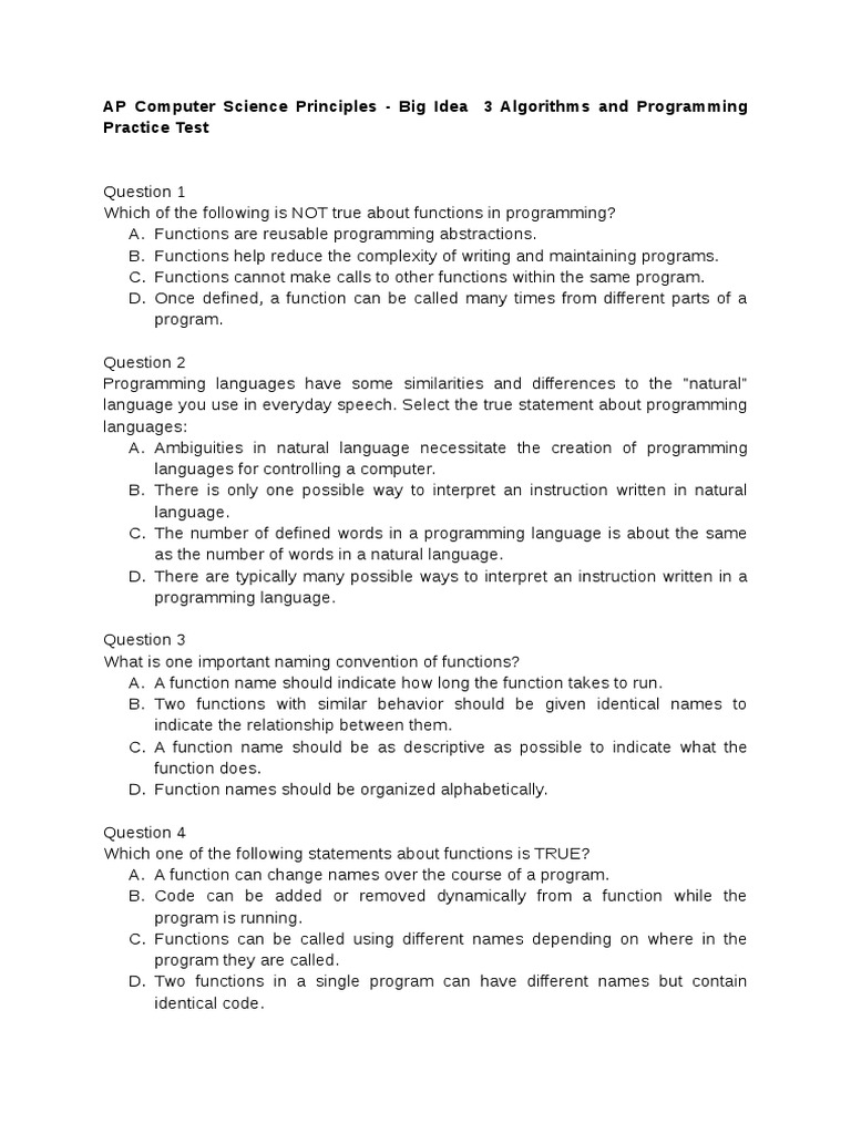 AP Computer Science Principles Test | PDF | Computer Programming ...