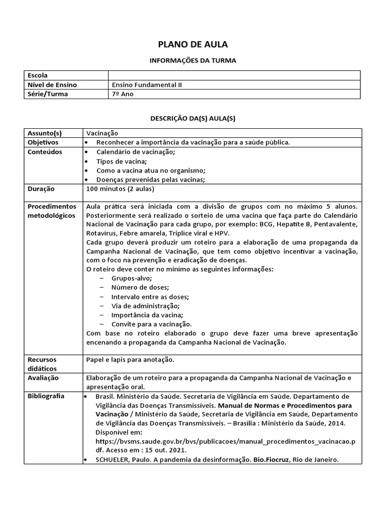 Plano de Aula - Vacinação | PDF | Vacinas | Vacinação
