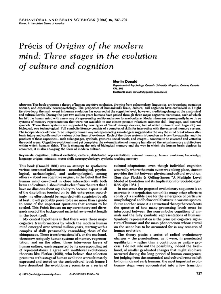 Merlin Donald Precis of Origins of The Modern Mind Three Stages in The ...
