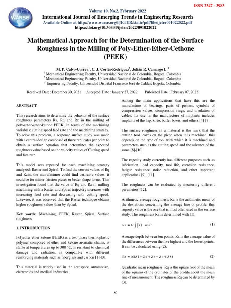 Mathematical Approach For The Determination of The Surface Roughness in ...