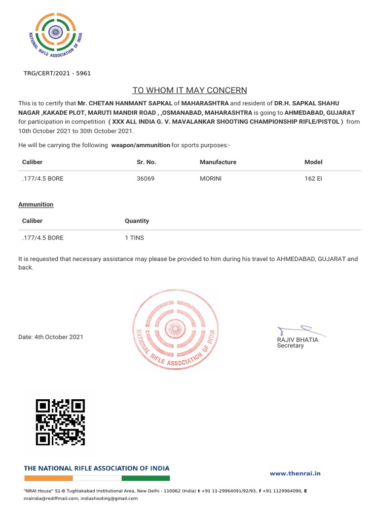 NRAI Weapon Carry Letter for Chetan Sapkal | PDF