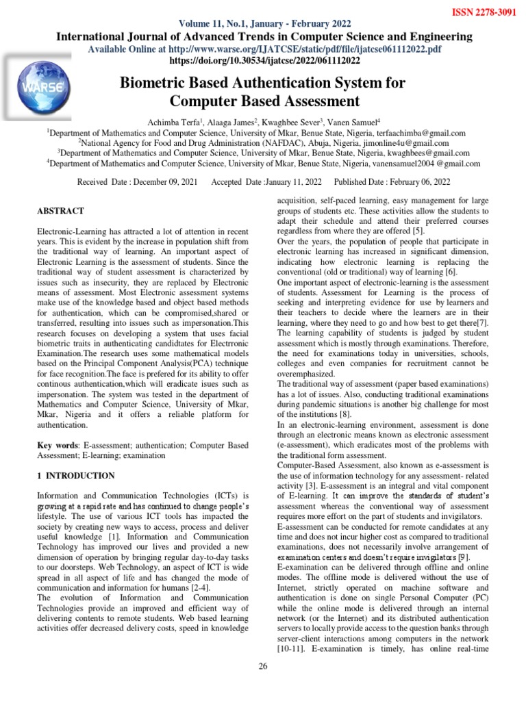 Biometric Based Authentication System For Computer Based Assessment ...