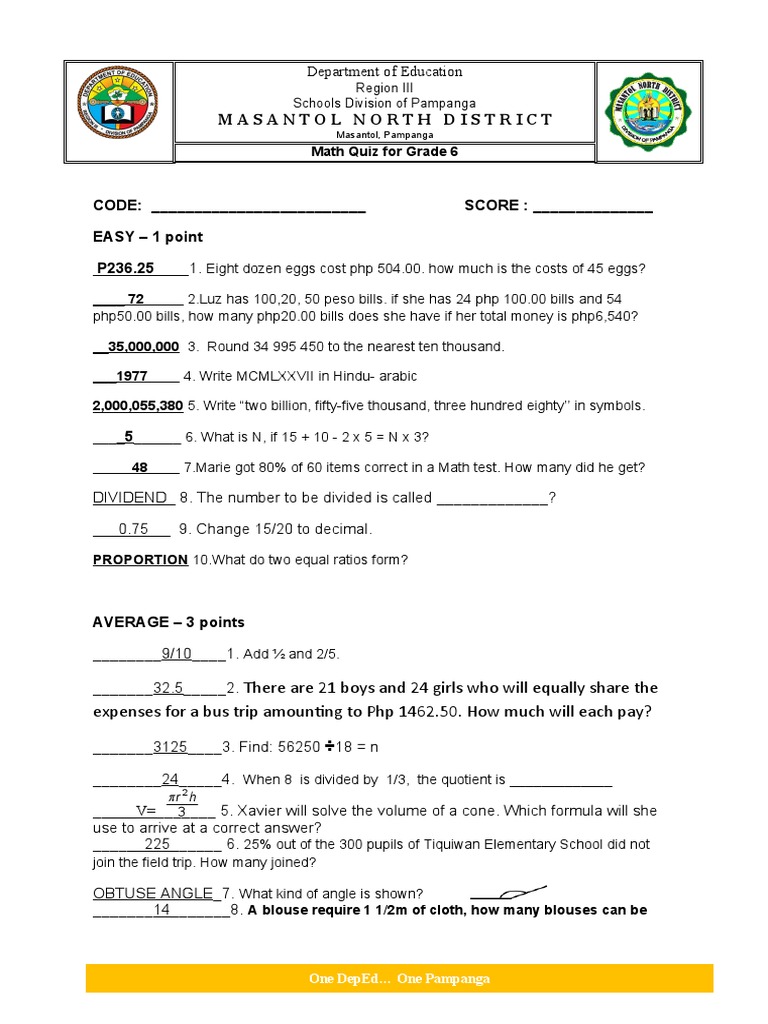 Math Grade 6 Template 1 | PDF