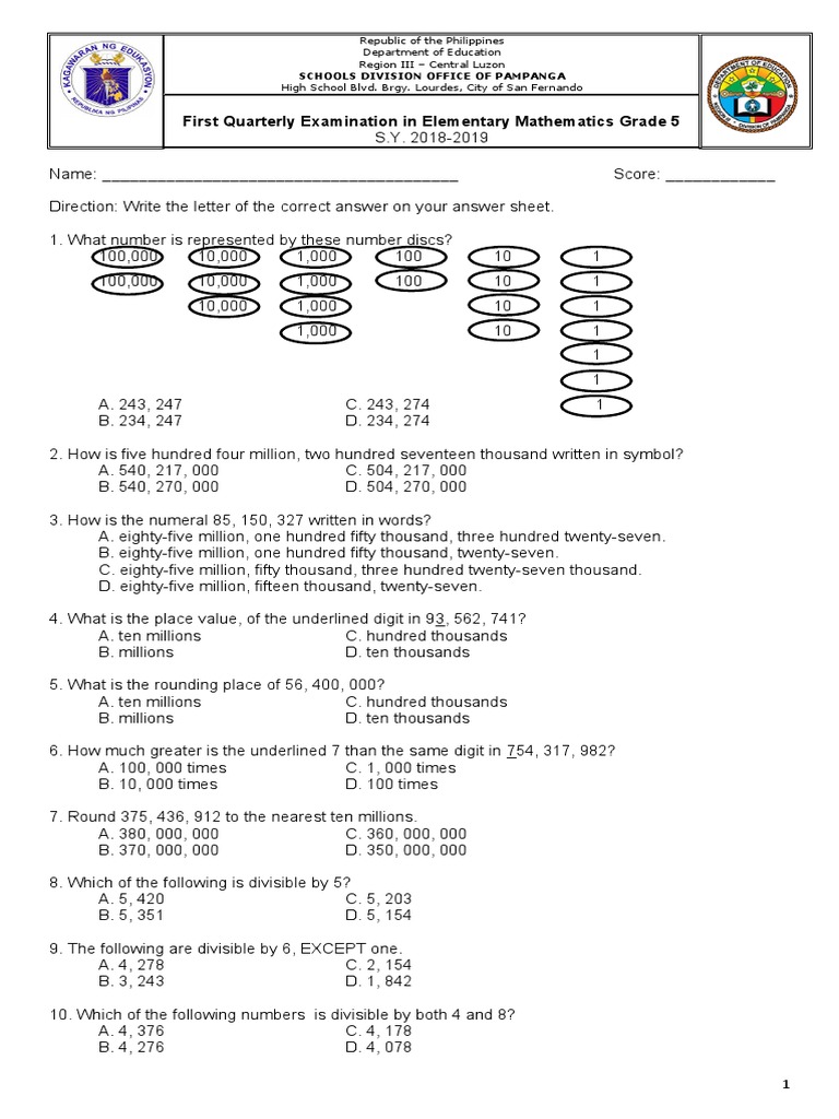 First Quarterly Examination in Elementary Mathematics Grade 5 | PDF ...