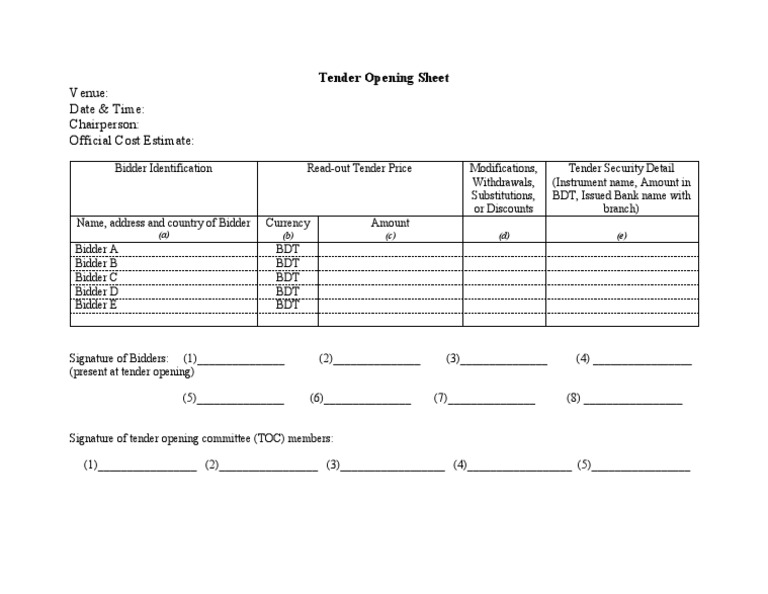Tender Opening Sheet Template | PDF