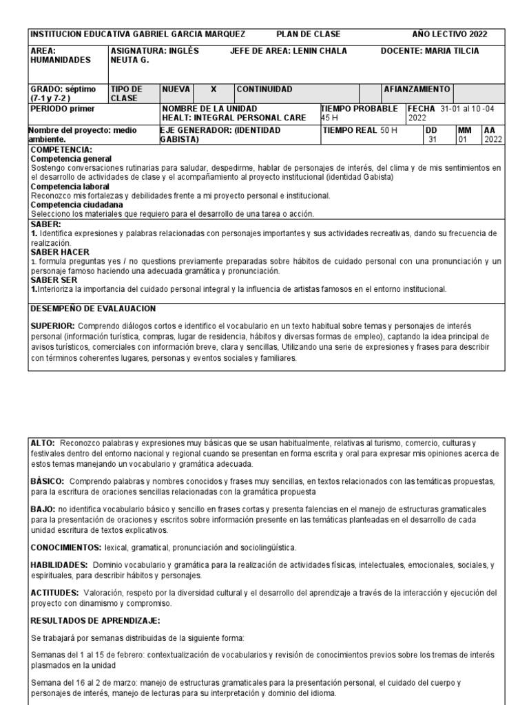 Plan de Clase 7 1-2 Periodo 1 2022 | PDF | Comprensión lectora | Evaluación