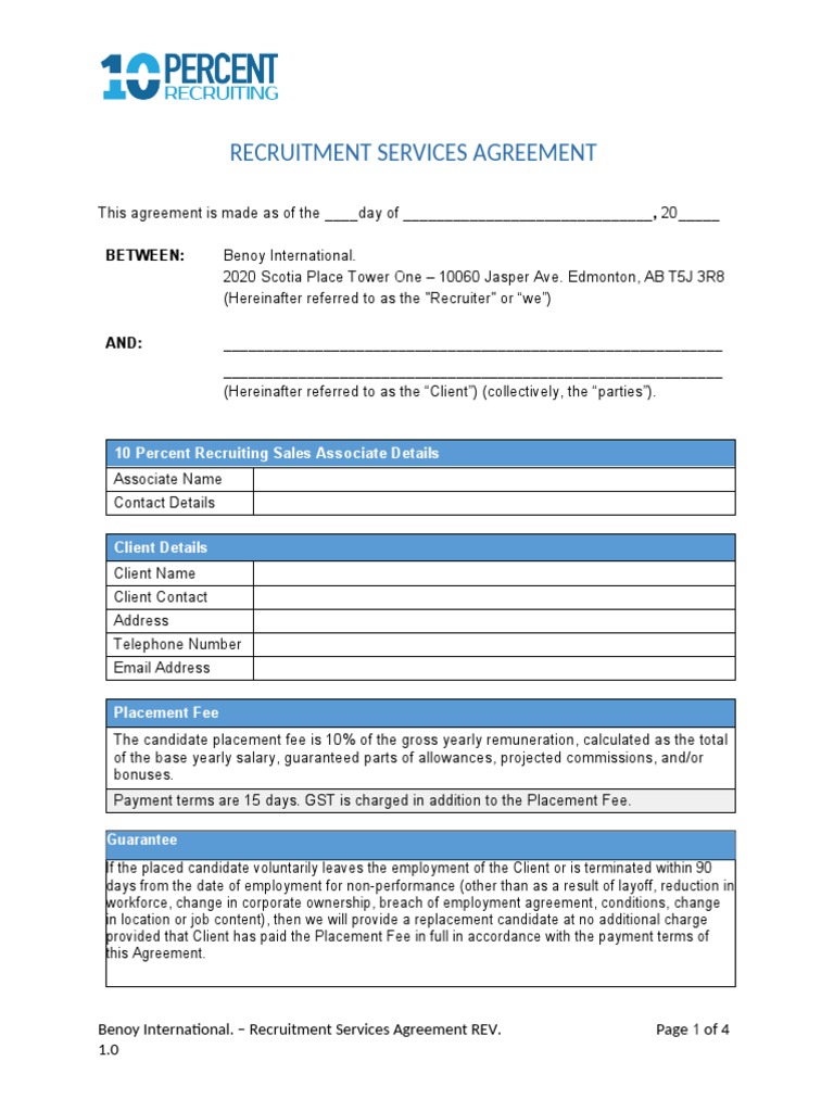 Recruitment Services Agreement Form Template | PDF | Résumé | Legal