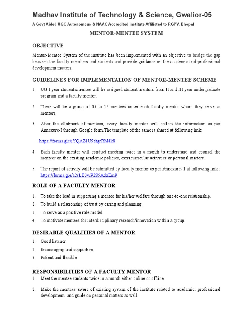 Guidelines For Mentor Mentee System | PDF | Mentorship | Cognition