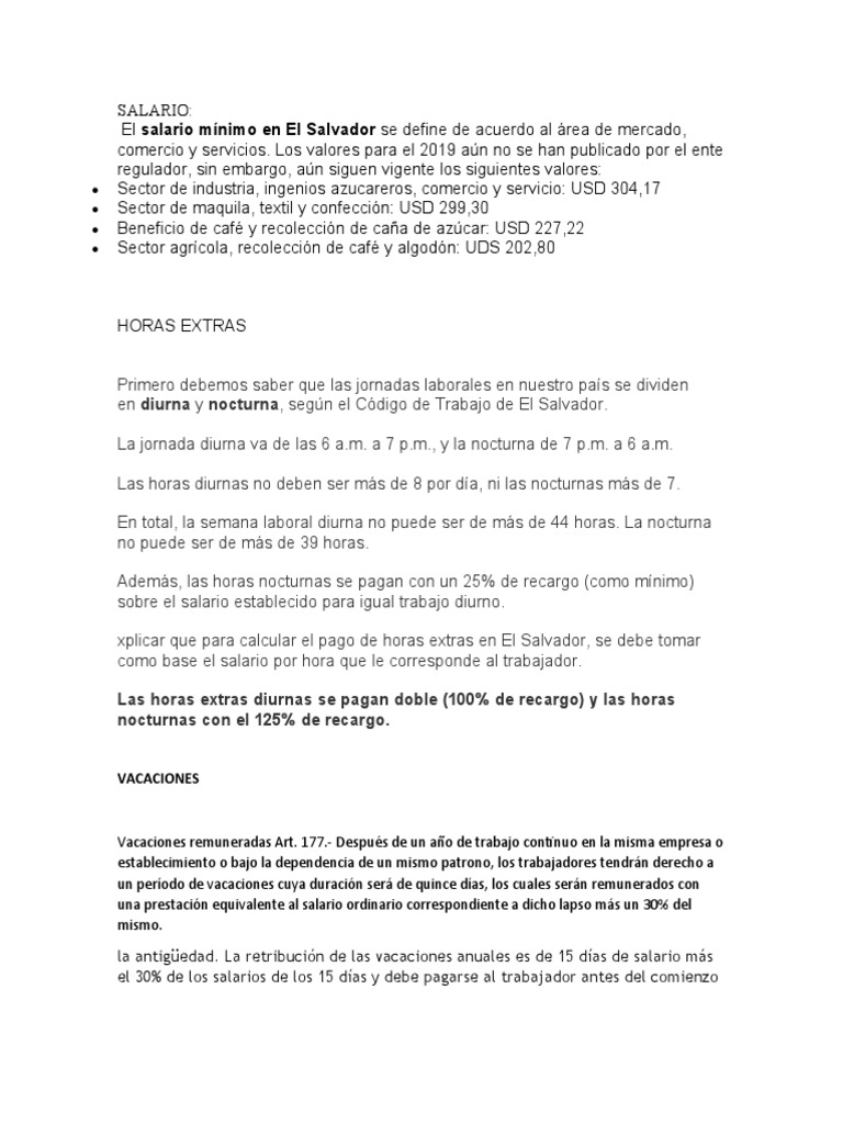 Salario y Vacaciones en El Salvador | PDF | Salario | Salario mínimo