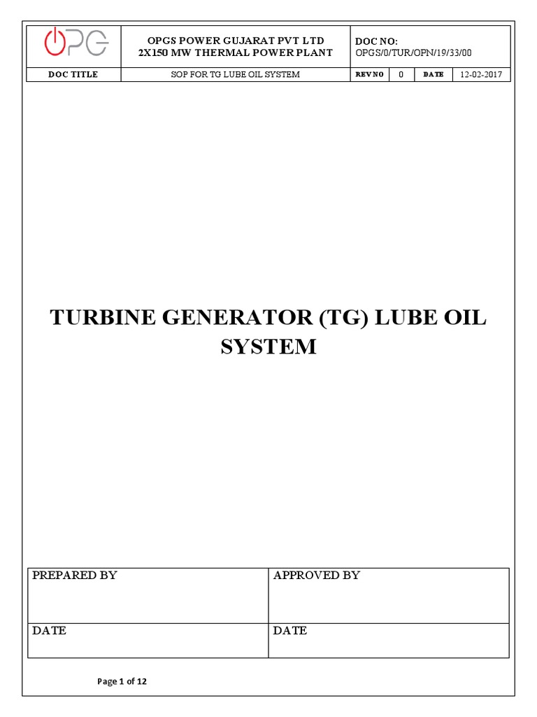 Opgs0TurOpn193300 Turbine Generator Lube Oil System Sop PDF