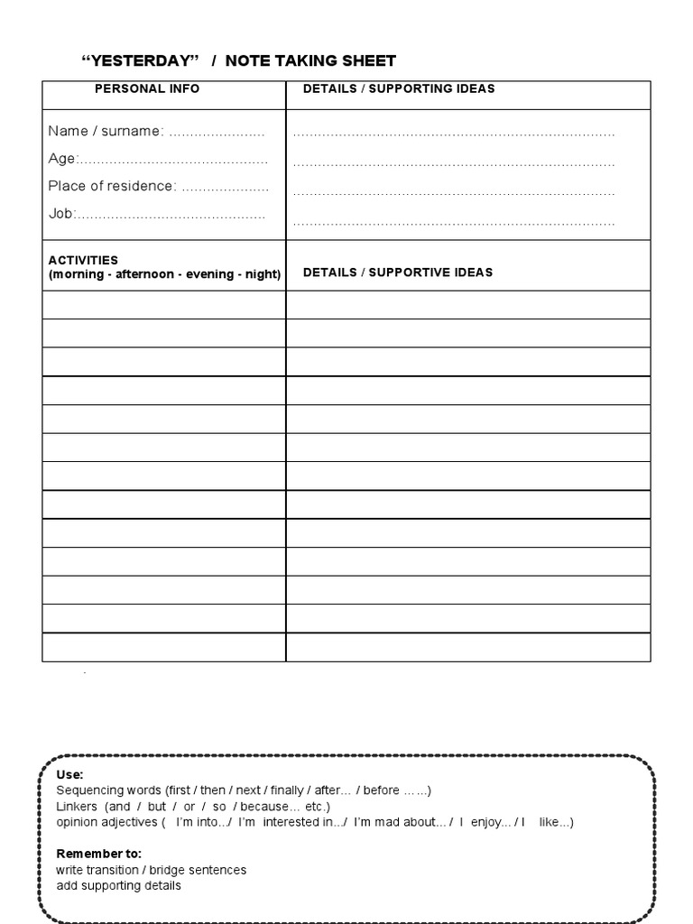 Note Taking Sheet for Daily Activities | PDF