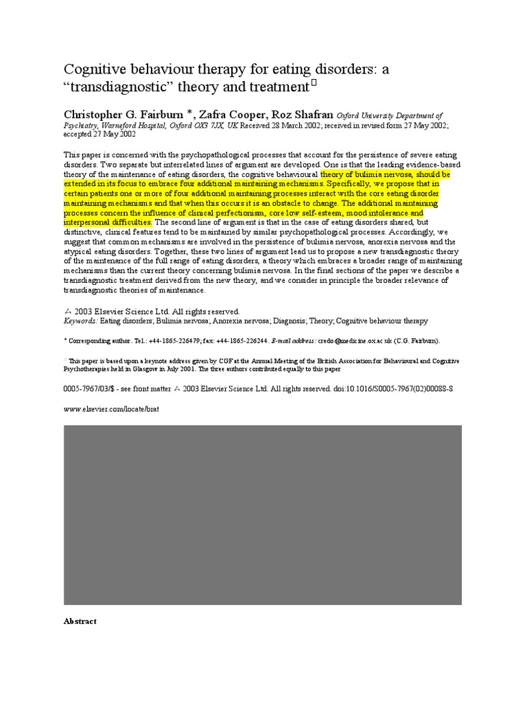 Cognitive Behaviour Therapy For Eating Disorders | PDF | Bulimia ...