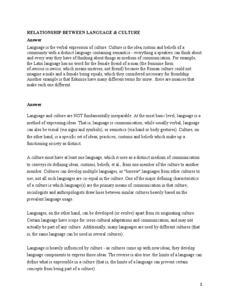 Relationship Between Language & Culture Answer | PDF | Human ...
