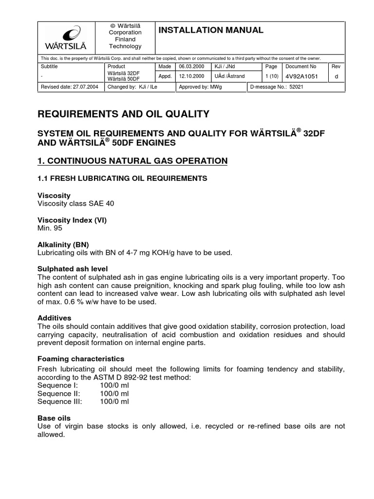 Requirements and Oil Quality Installation Manual PDF Motor Oil
