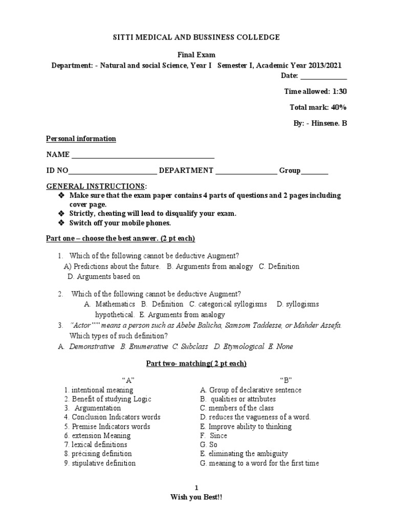 Final Exam For Critical Thinking | PDF | Argument | Deductive Reasoning