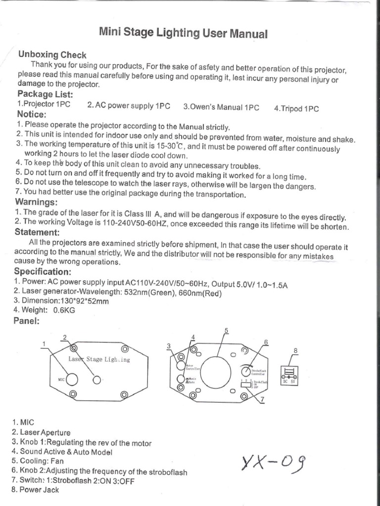 Mini Laser Stage Lighting YX09 User Manual PDF