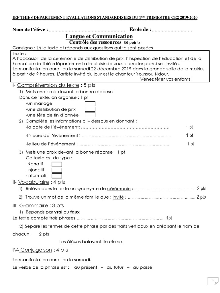 évaluation Français Ce2 3ème Trimestre Pdf